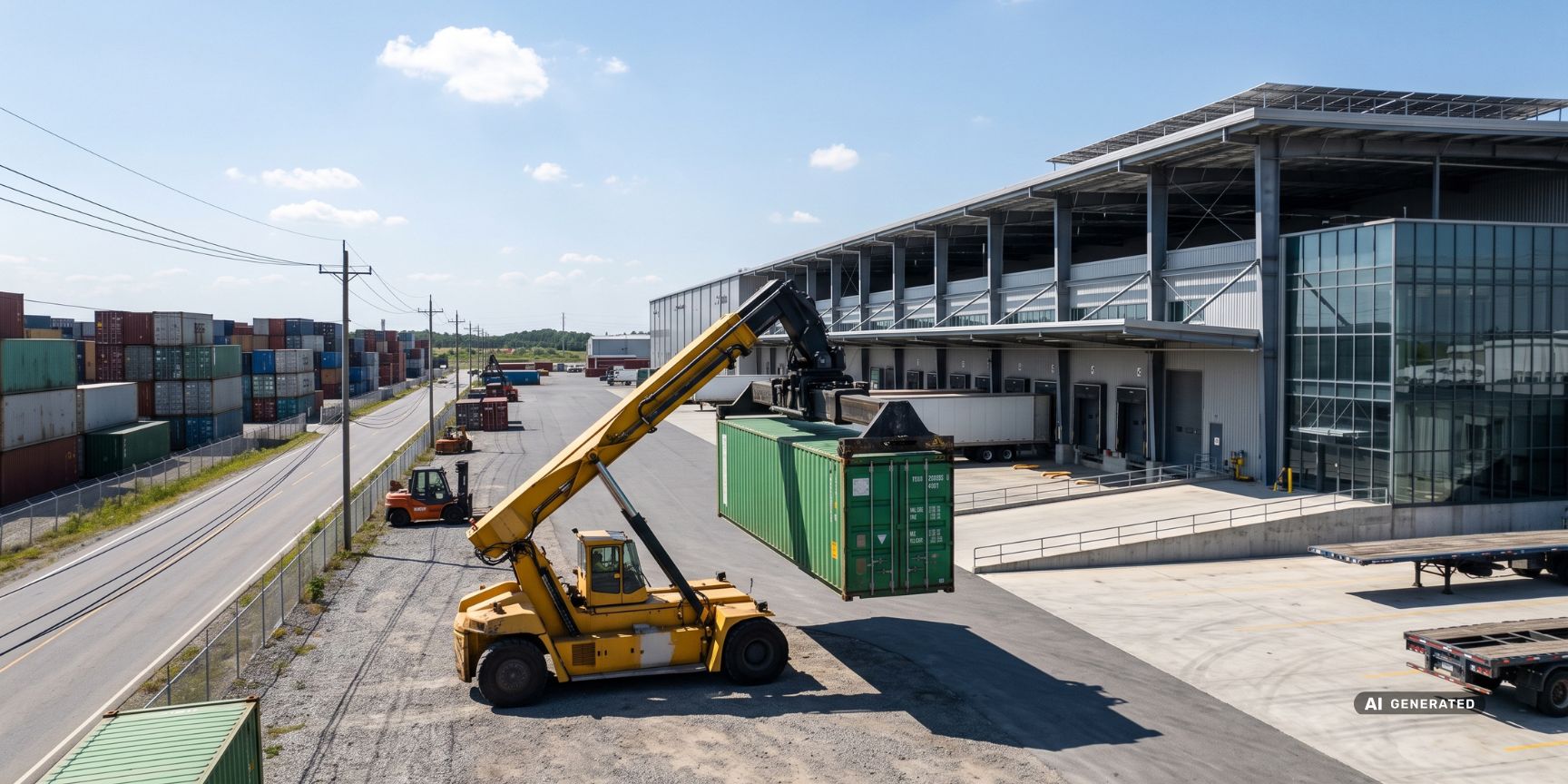 Exterior shot: A powerful reachstacker lifts an ISO container on a heavy-lift warehouse in front of a logistics property.